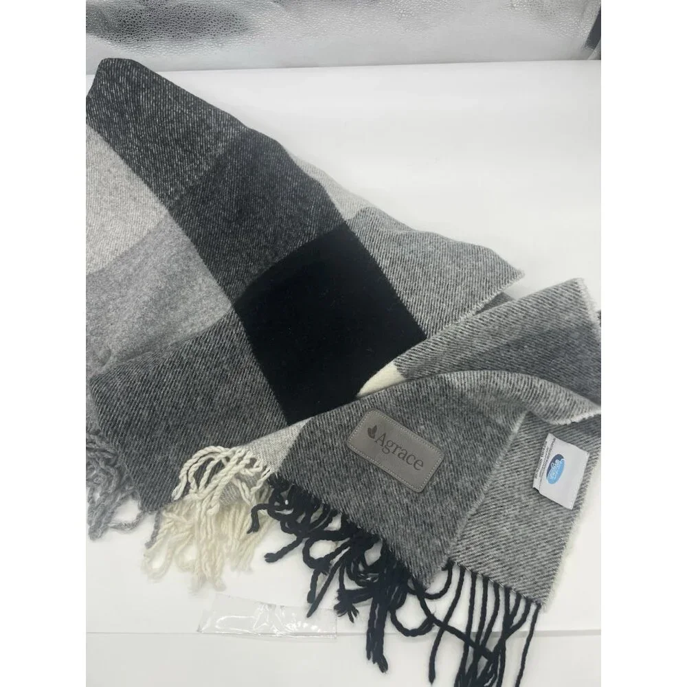 TerryTown Wool Blend Throw Blanket Gray Black White Plaid Fringe 60x50 Soft Cozy